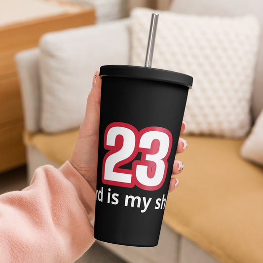 Psalm 23 insulated tumbler with straw The Lord Is My Shepherd red and white on black by Love1614