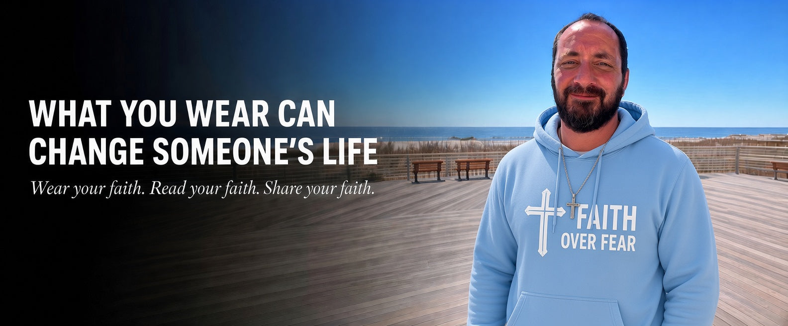 Love1614 founder Michael Maio on the Long Beach boardwalk wearing Christian apparel