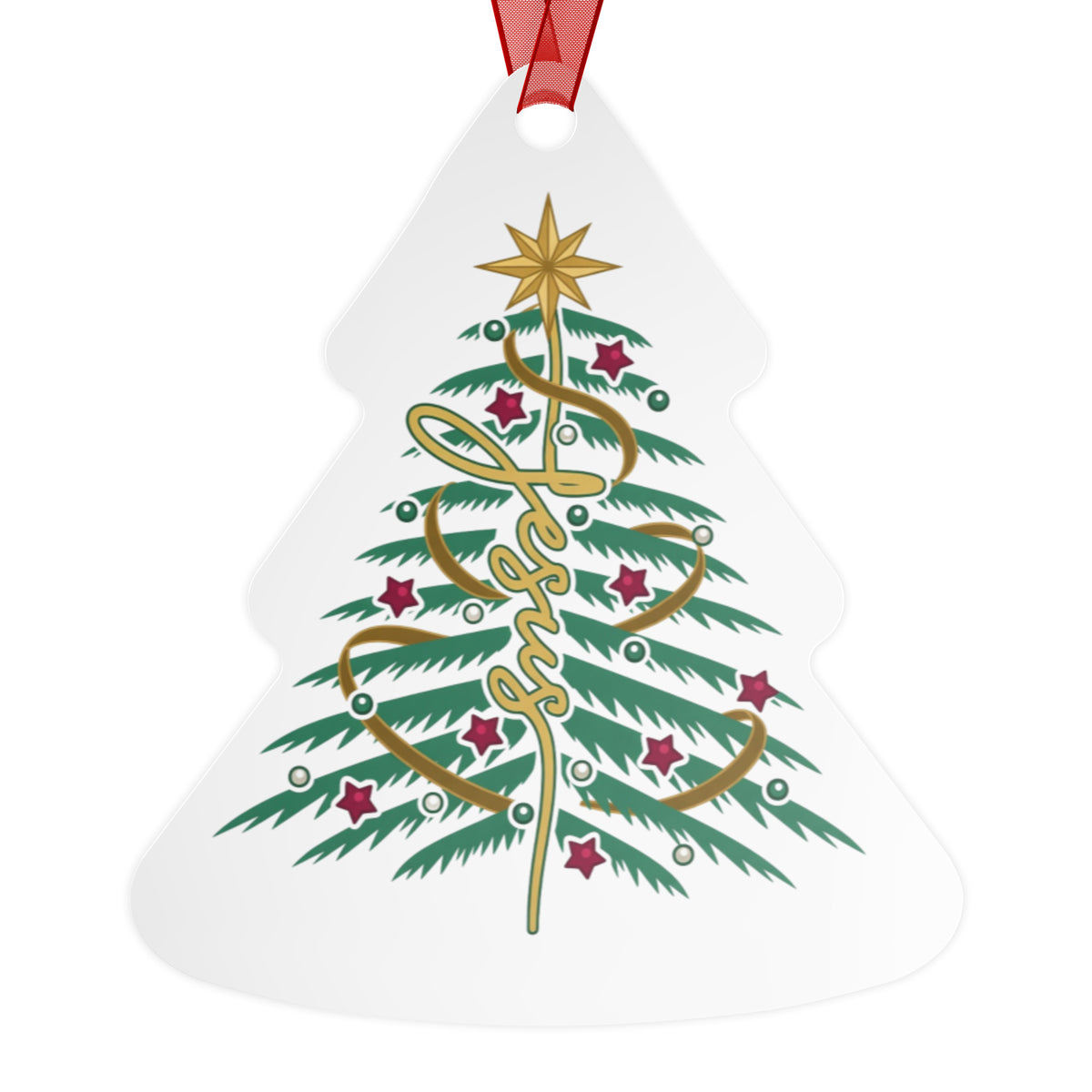 Jesus Christmas Tree ceramic ornament with red ribbon, angled view on white background