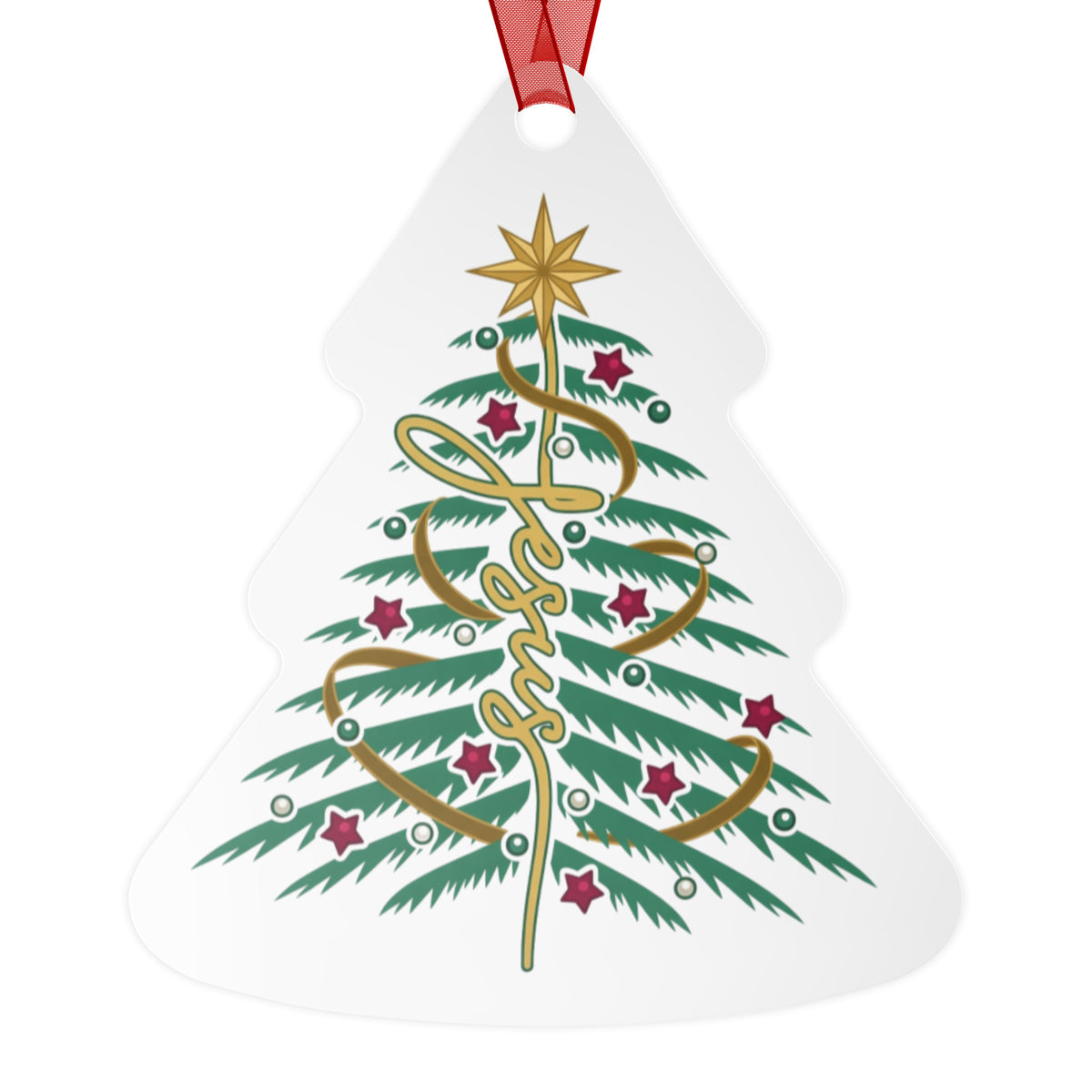 Jesus Christmas Tree ceramic ornament with red ribbon, angled view on white background