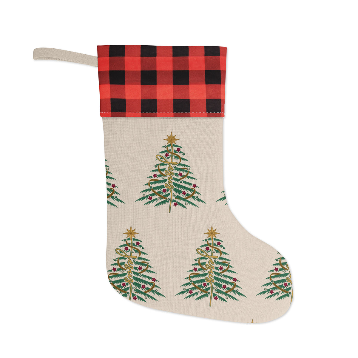 Jesus Christmas Tree stocking with buffalo plaid cuff, front view on white background