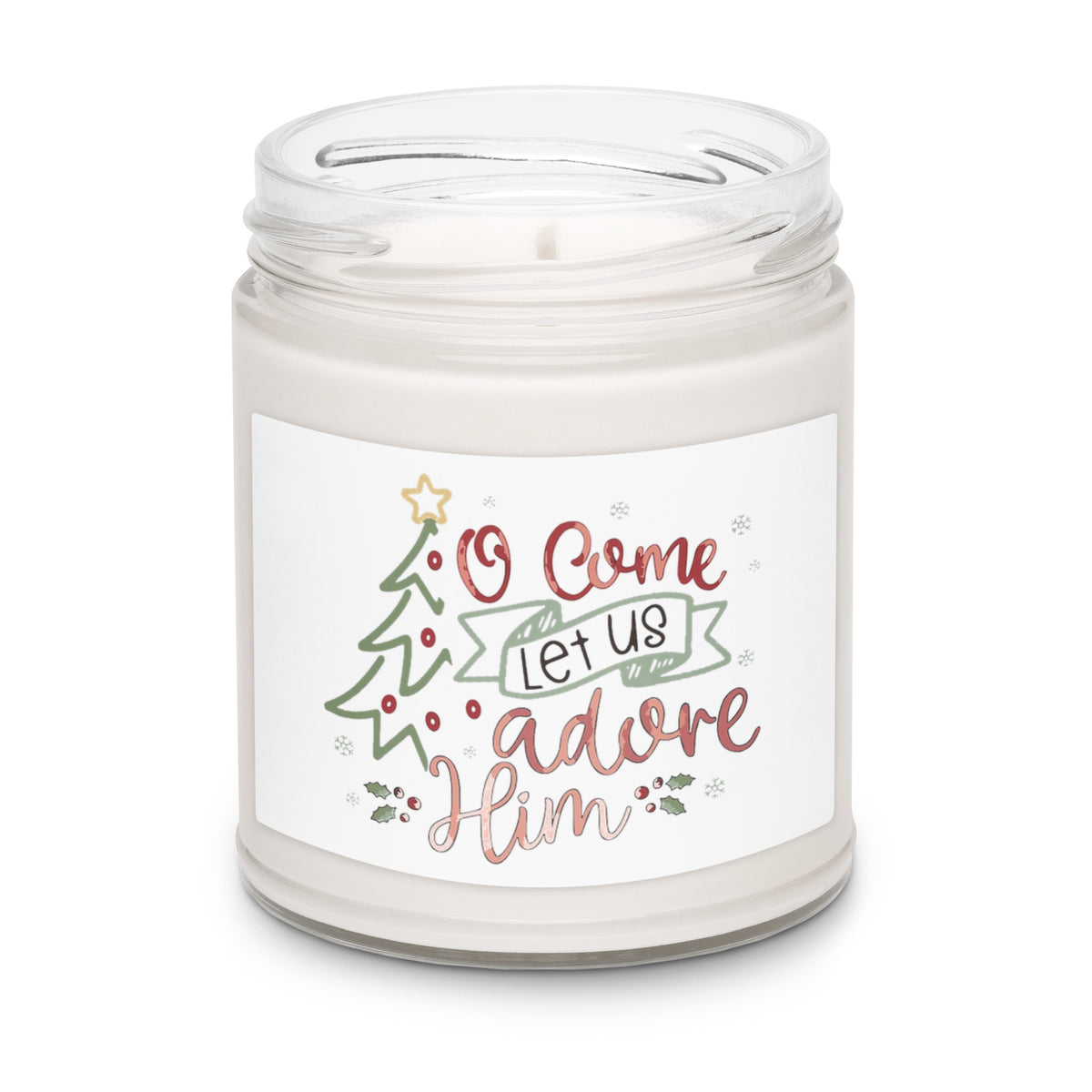 O Come Let Us Adore Him Christmas candle, top view with lid removed