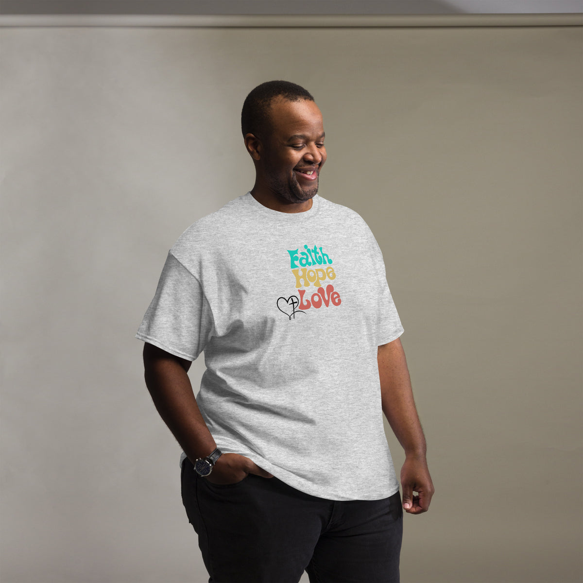 Faith Hope Love tee front view styled casual from Love1614