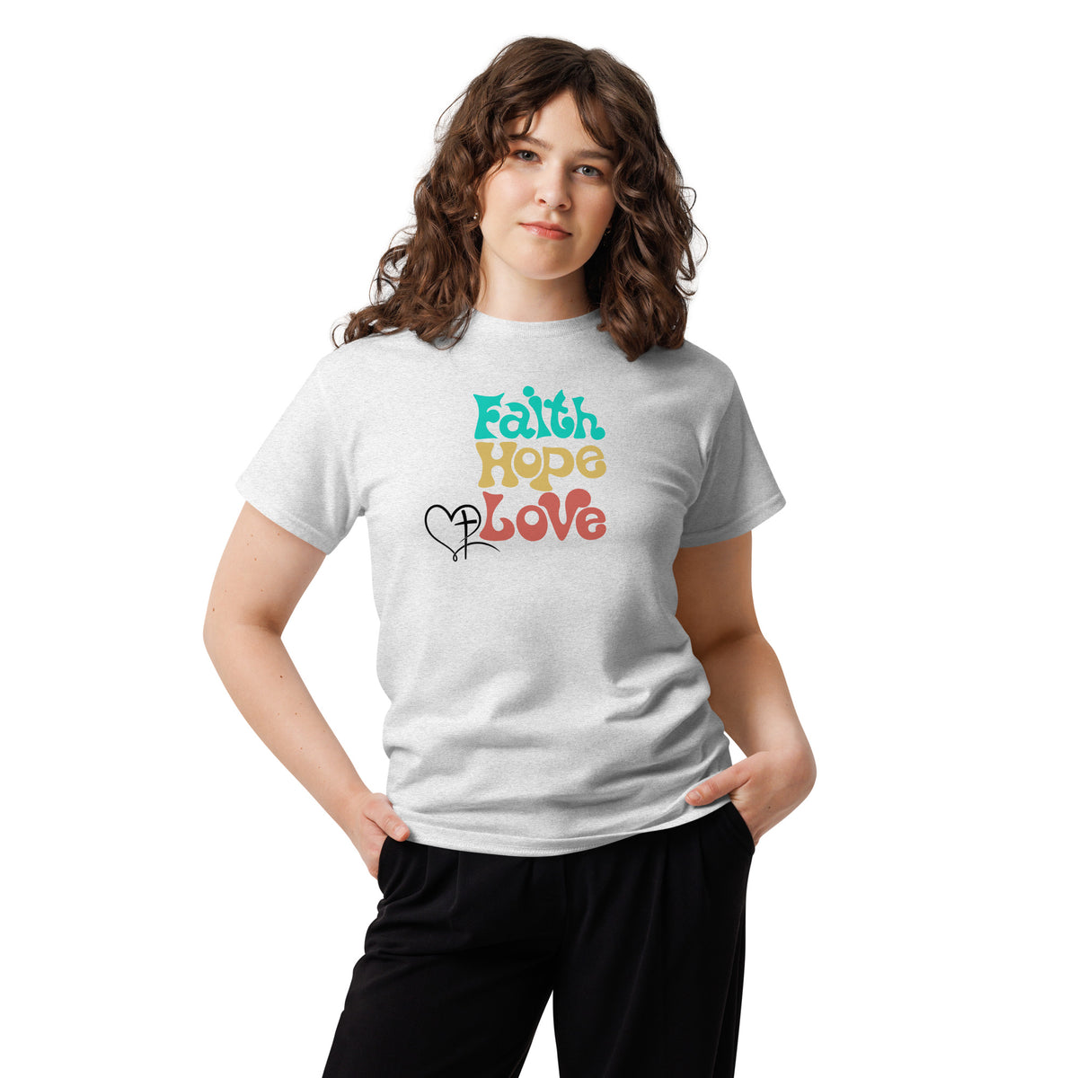 Woman wearing Faith Hope Love Christian tee from Love1614