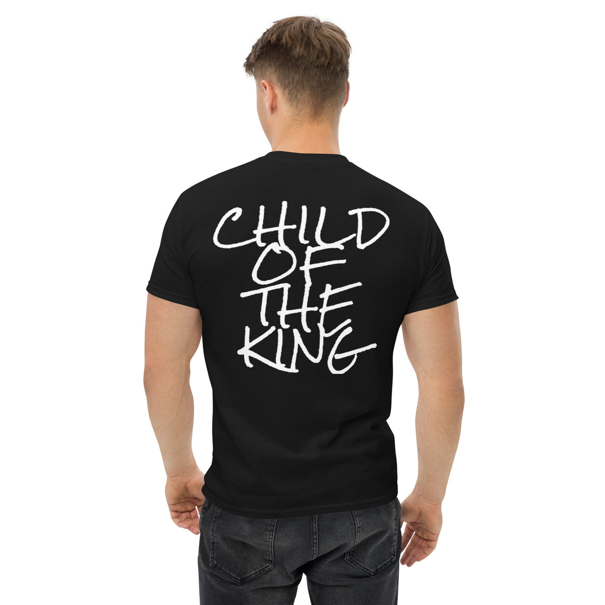 Back: Child of the King Christian t-shirt back with bold white hand-lettered text on black by Love1614