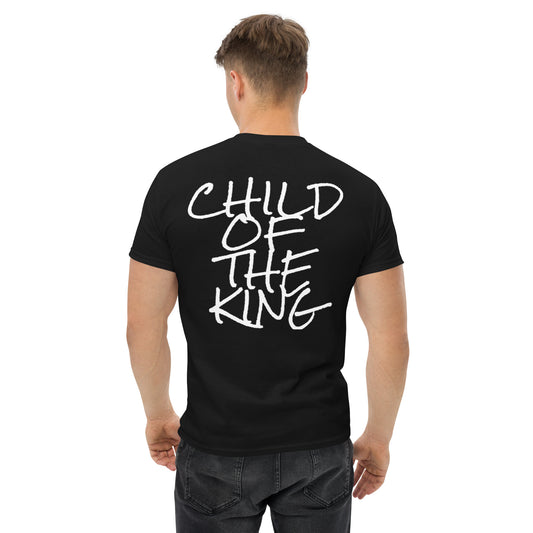 Back: Child of the King Christian t-shirt back with bold white hand-lettered text on black by Love1614