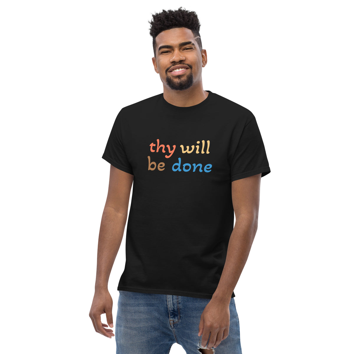 Thy Will Be Done Christian shirt front view gold text on black by Love1614