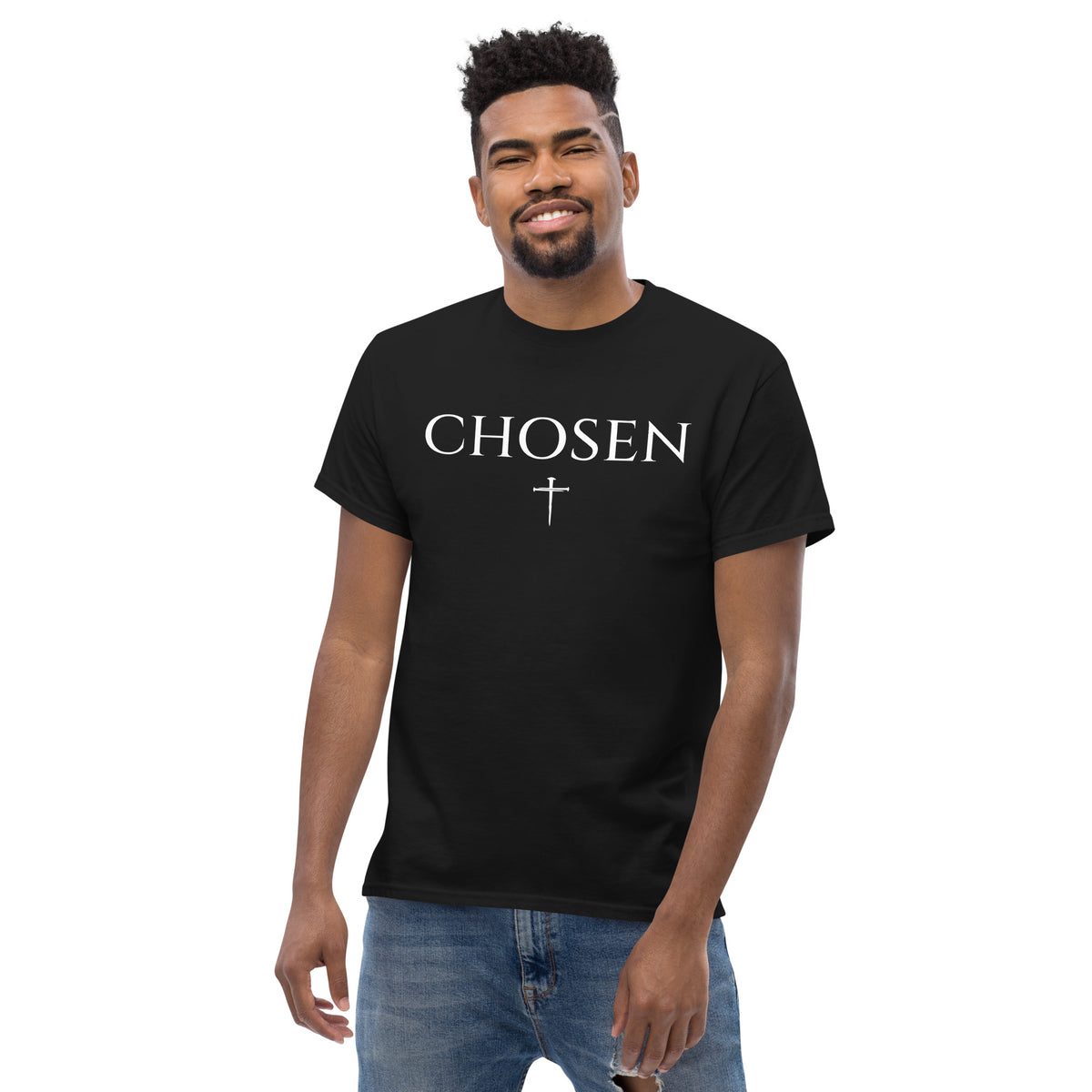 Man wearing black Chosen Cross Christian t-shirt, studio shot