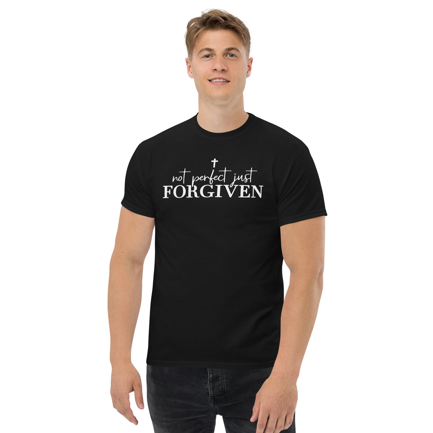 Man wearing Not Perfect Just Forgiven black Christian t-shirt with cross by Love1614