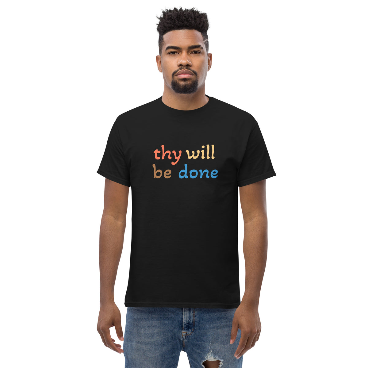 Man wearing Thy Will Be Done black Christian t-shirt gold script by Love1614