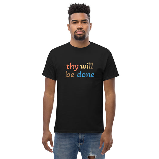 Man wearing Thy Will Be Done black Christian t-shirt gold script by Love1614