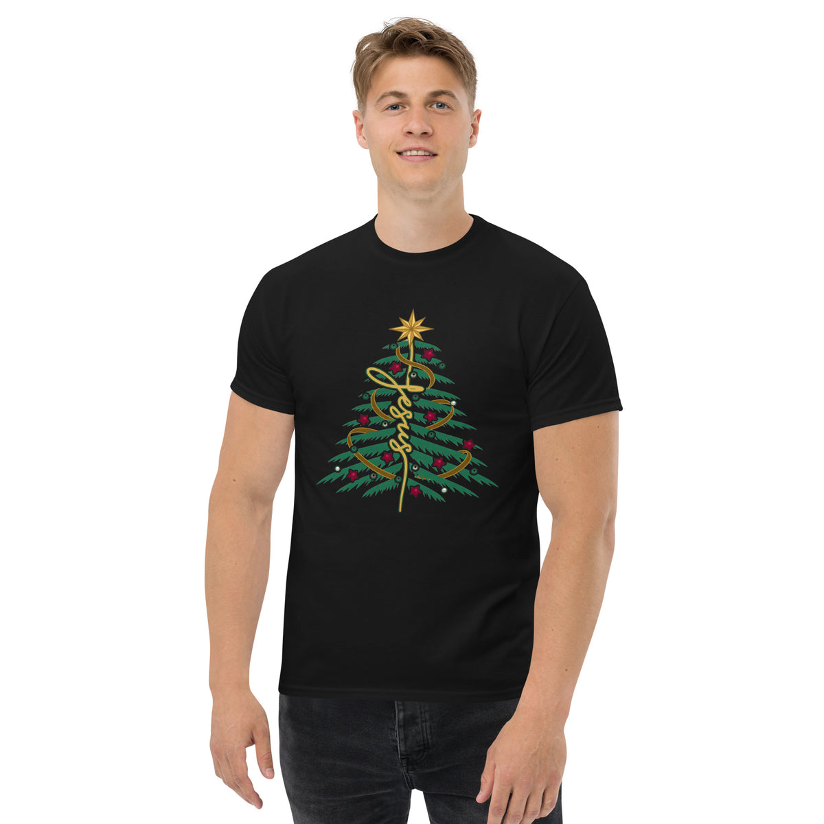 Man wearing Jesus Christmas Tree T-Shirt, casual pose