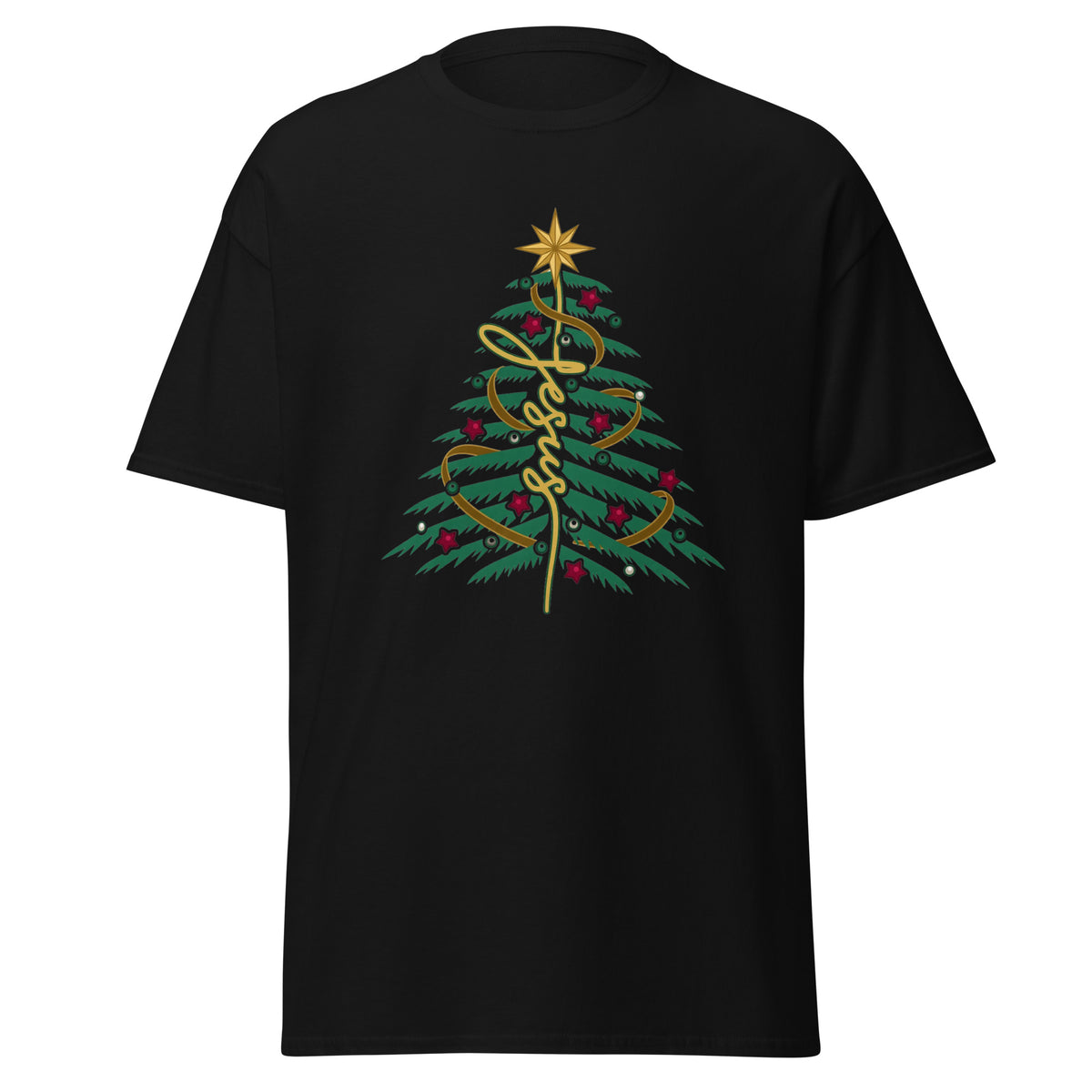 Jesus Christmas Tree T-Shirt on black background, front view