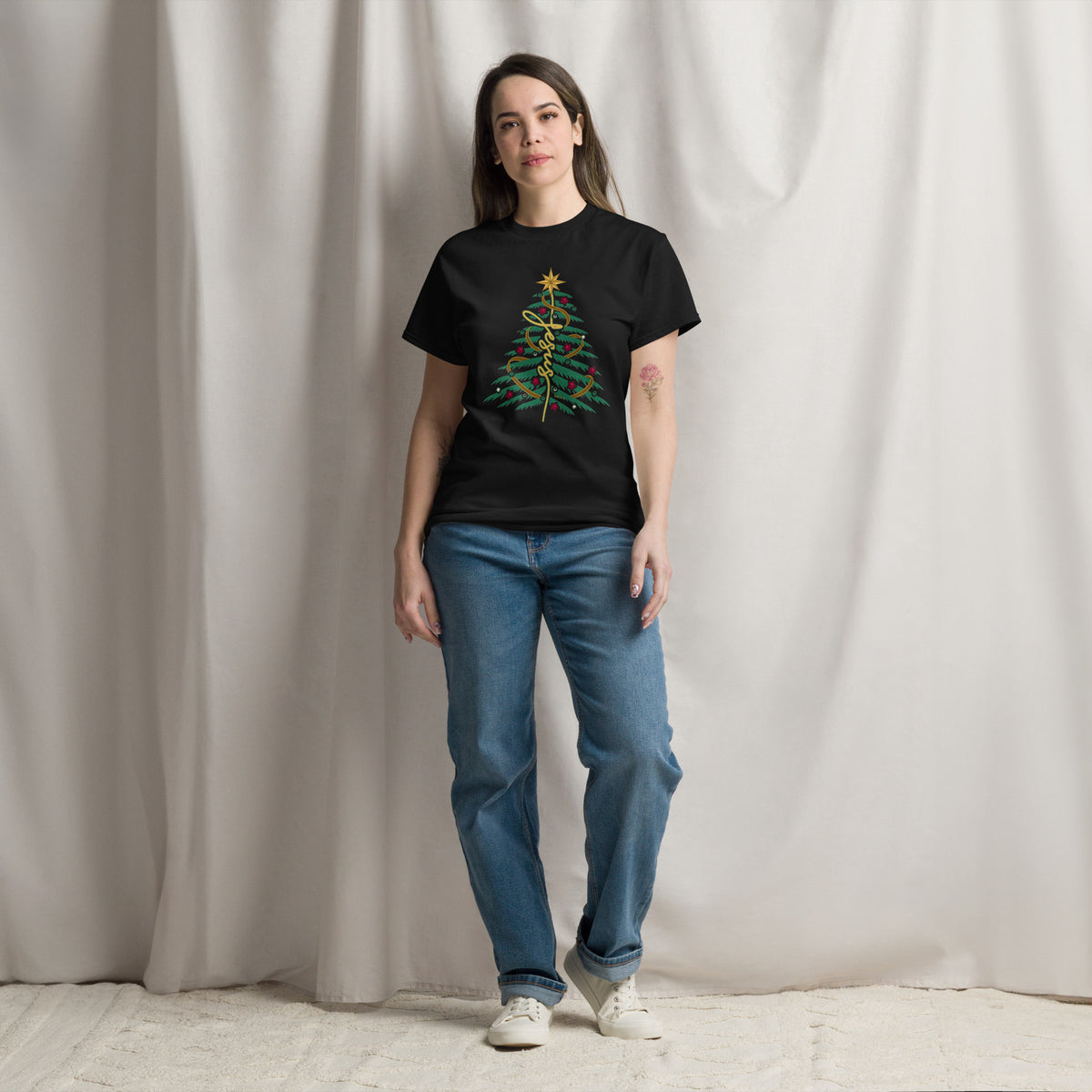 Woman wearing Jesus Christmas Tree T-Shirt, lifestyle shot