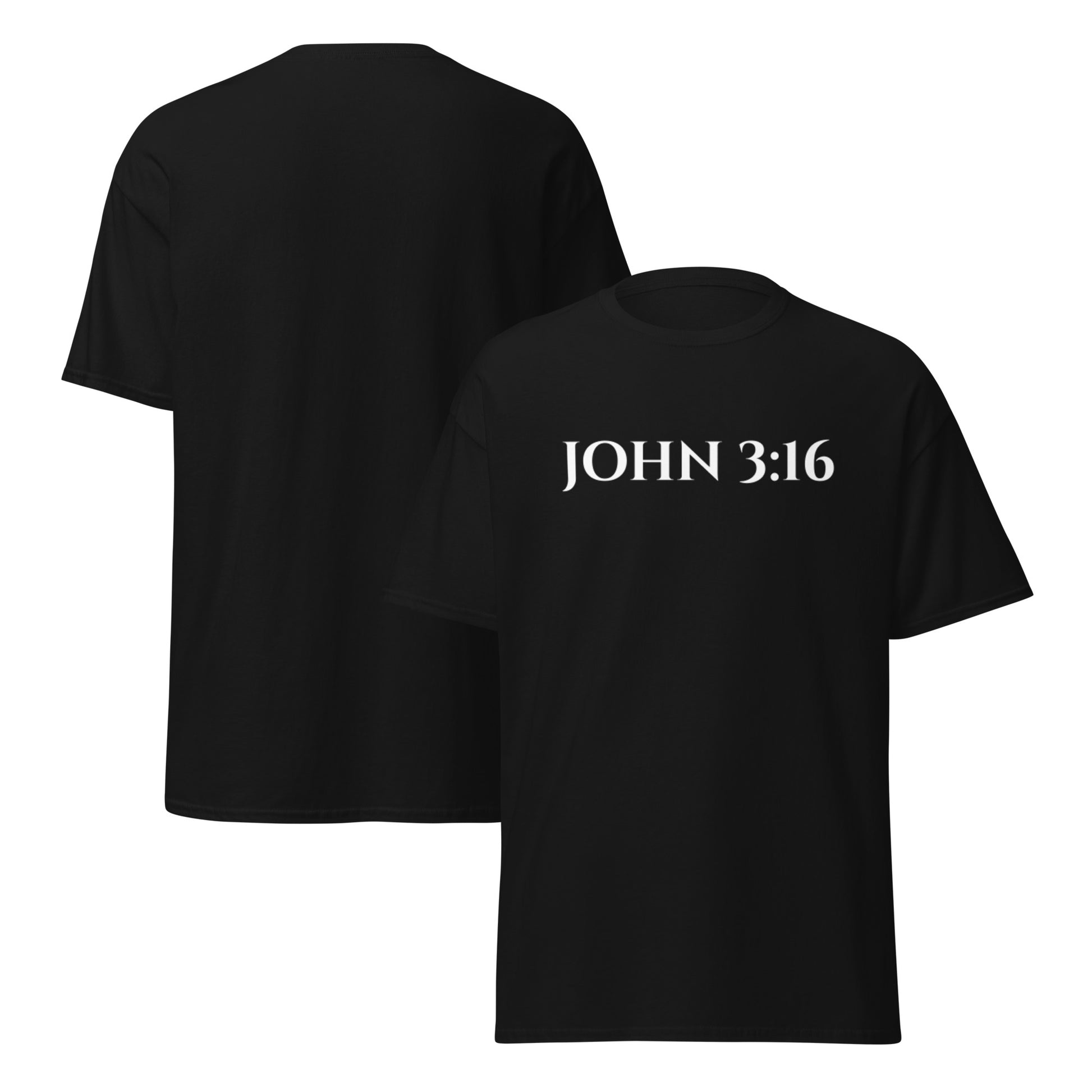 John 3:16 black Christian t-shirt front and back white bold text by Love1614