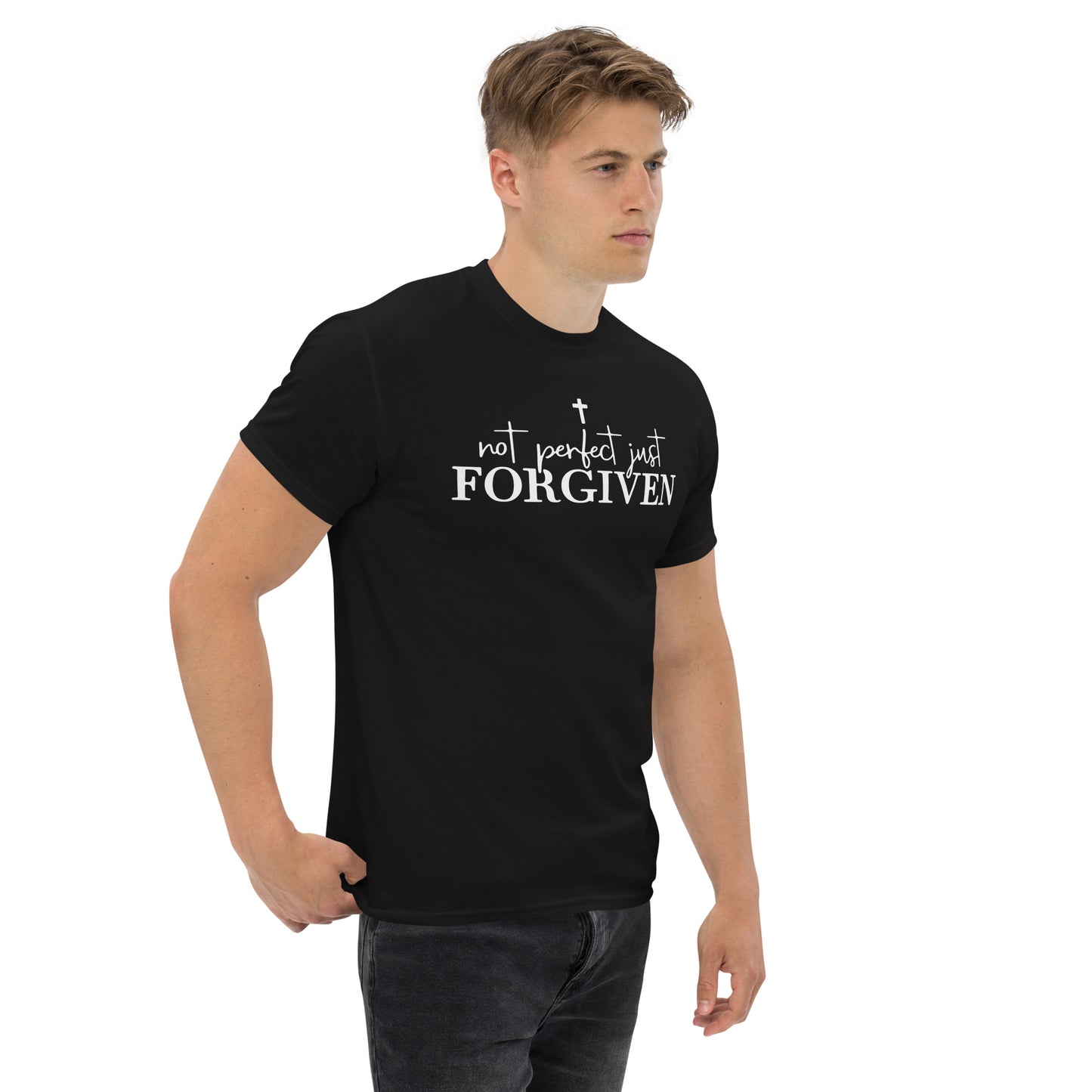 Not Perfect Just Forgiven faith tee modeled side view by Love1614