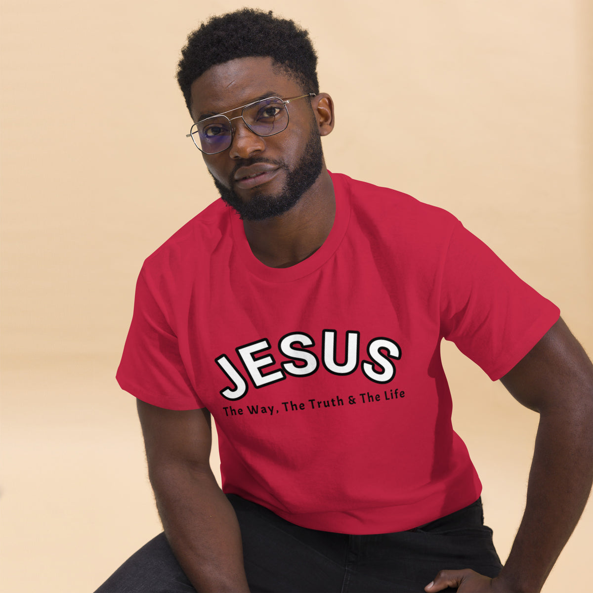Man wearing Jesus The Way Truth and Life red Christian t-shirt white text by Love1614