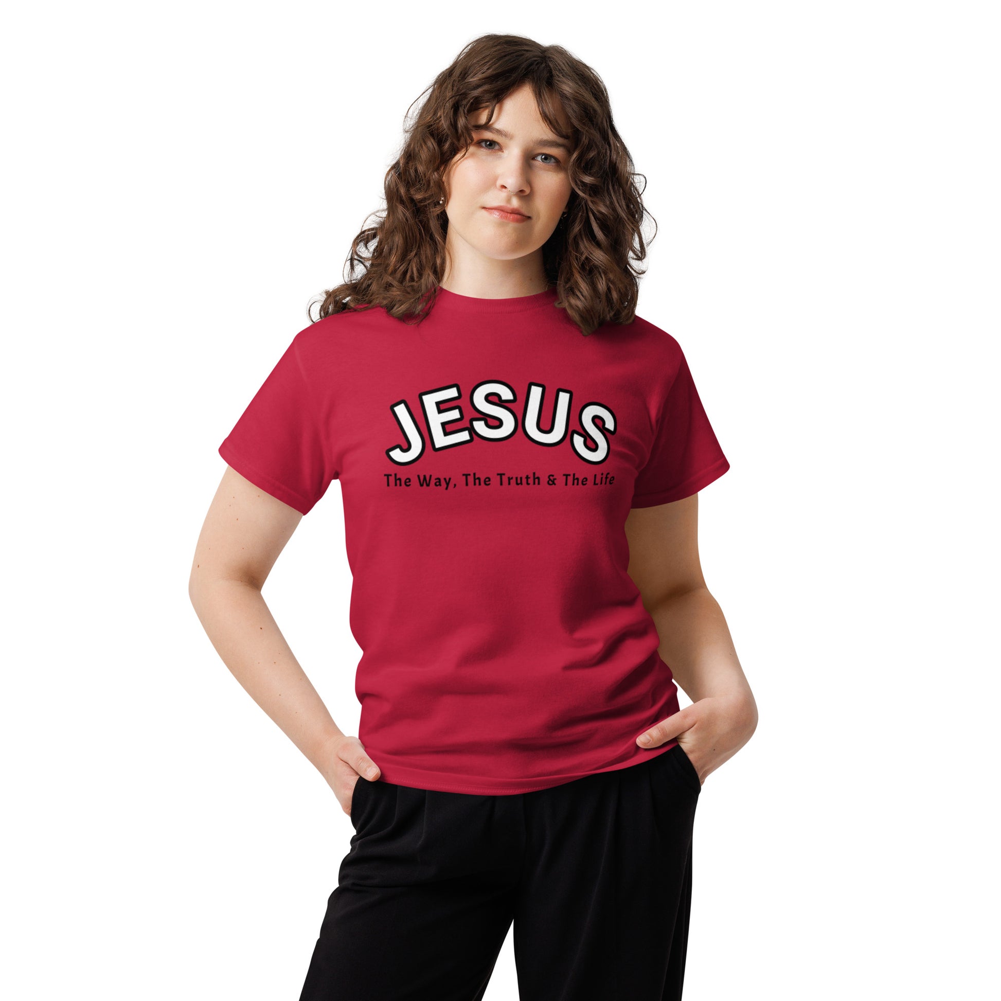 Woman wearing Jesus The Way Truth and Life red faith tee by Love1614