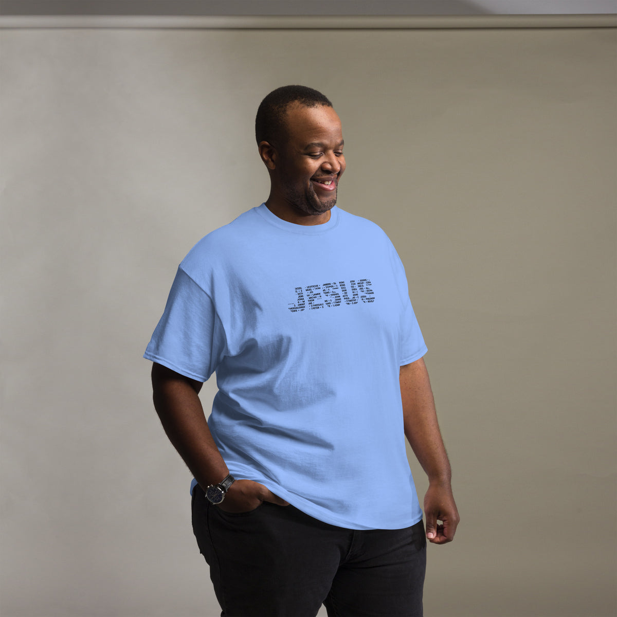 Man wearing 66 Books of the Bible Christian tee in blue by Love1614