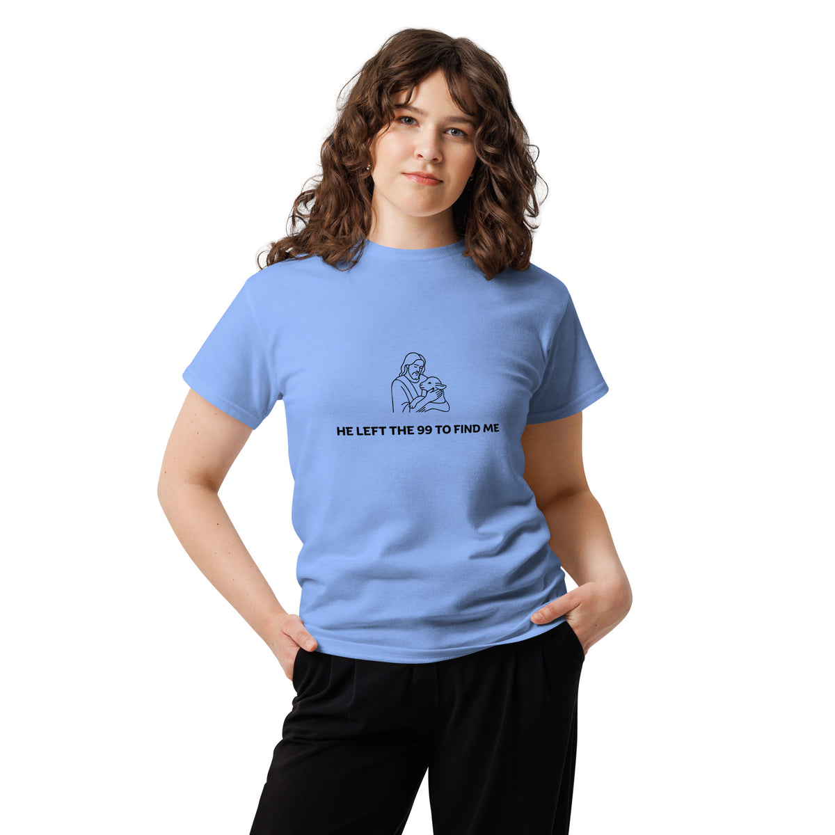 He Left The 99 To Find Me T-Shirt in light blue, front flat view