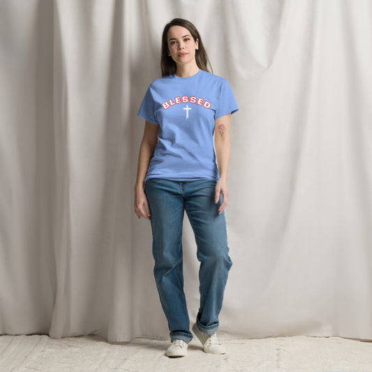 Woman wearing light blue Blessed Cross Christian t-shirt, lifestyle shot
