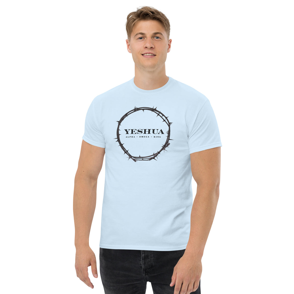 Man wearing Yeshua T-Shirt in light blue, front view