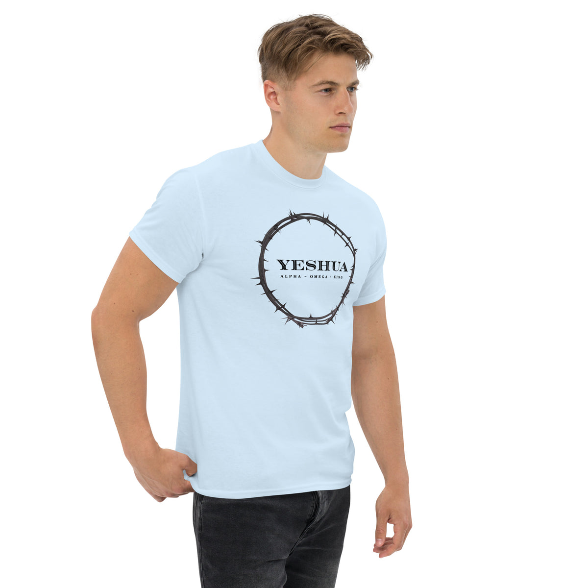 Man wearing Yeshua T-Shirt in light blue, side view