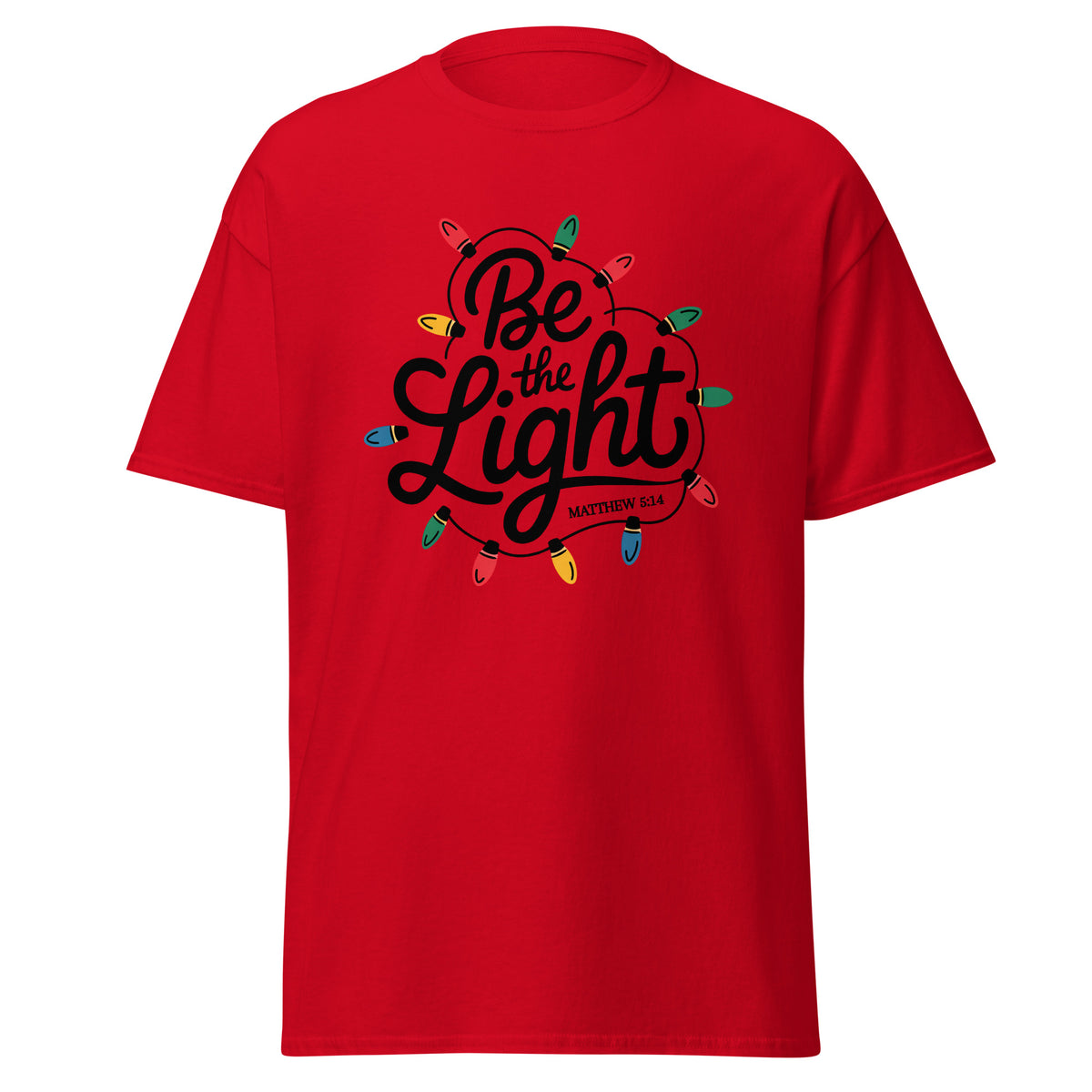 Be The Light Christmas T-Shirt in red, front view