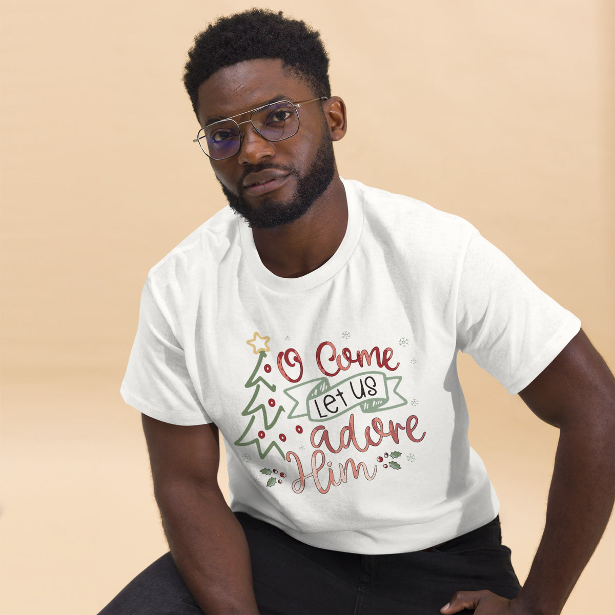 Man wearing O Come Let Us Adore Him Christmas T-Shirt, casual pose
