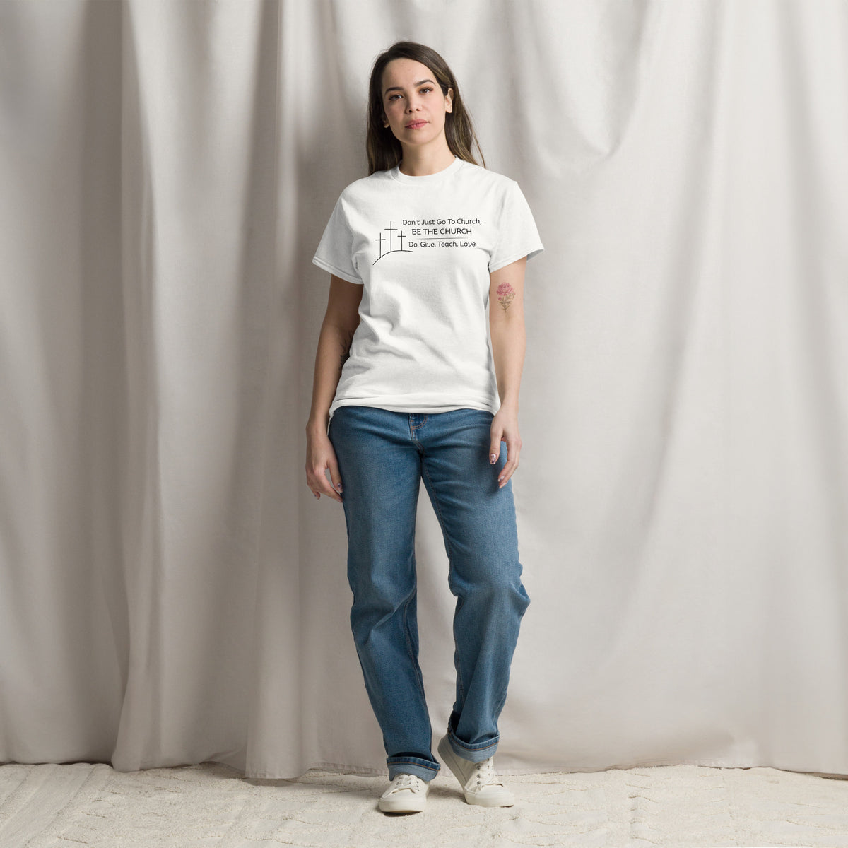 Woman wearing Be the Church white Christian t-shirt black text by Love1614