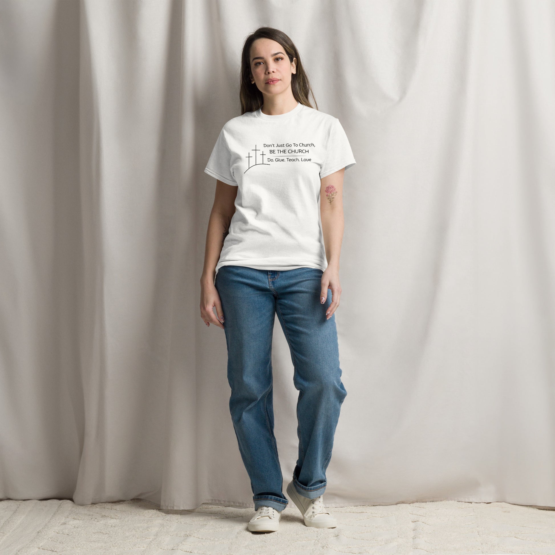 Woman wearing Be the Church white Christian t-shirt black text by Love1614
