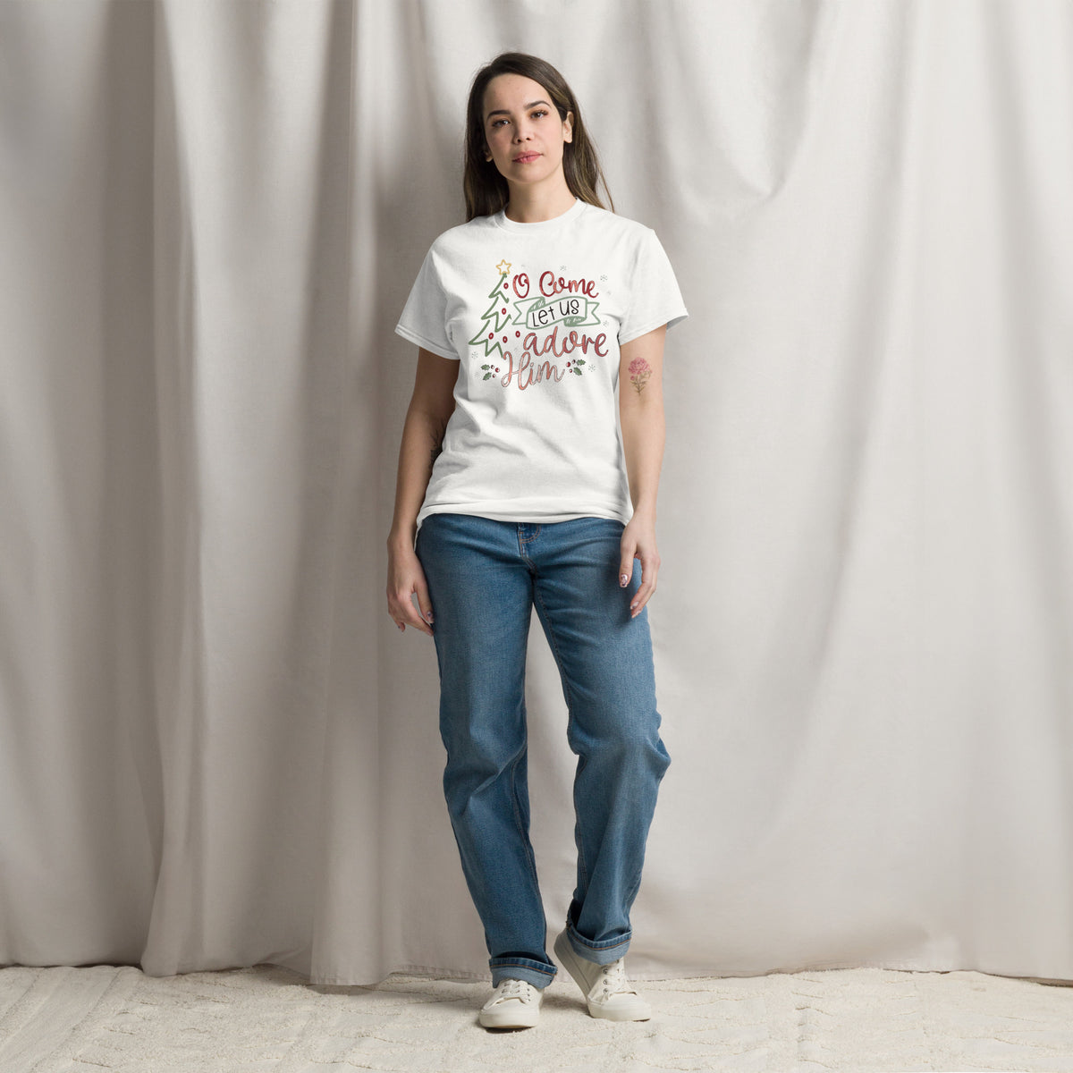 Woman wearing O Come Let Us Adore Him Christmas T-Shirt, lifestyle shot