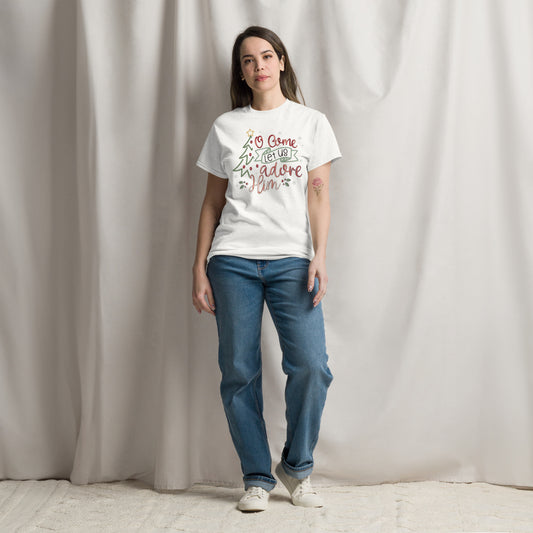 Woman wearing O Come Let Us Adore Him Christmas T-Shirt, lifestyle shot