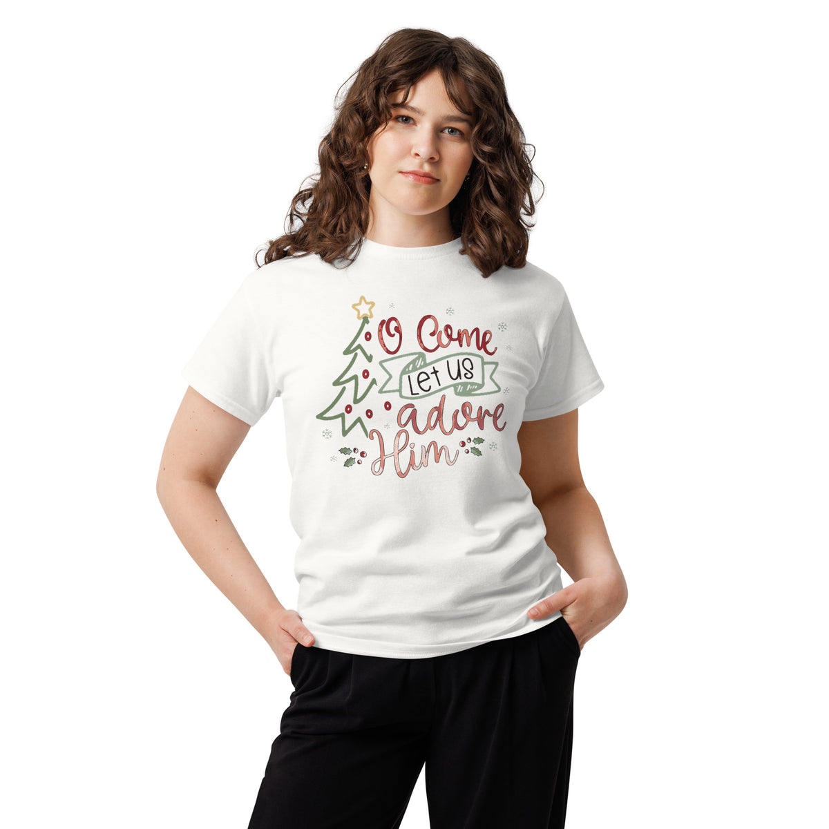 Woman wearing O Come Let Us Adore Him Christmas T-Shirt, front view
