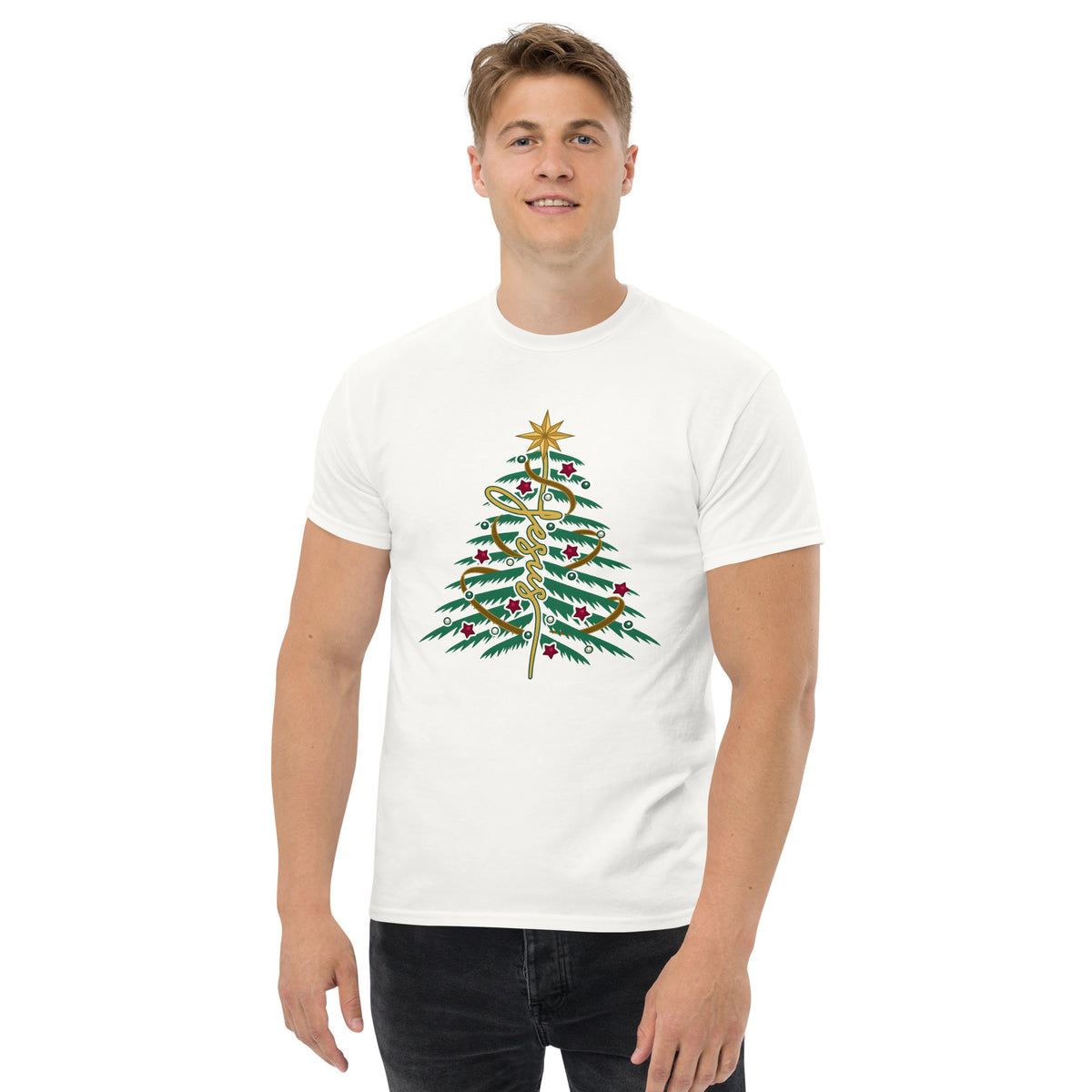 Man wearing Jesus Christmas Tree T-Shirt, white casual pose