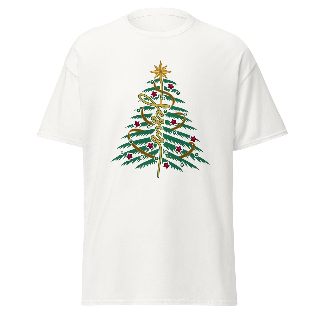 Jesus Christmas Tree T-Shirt on white background, front view