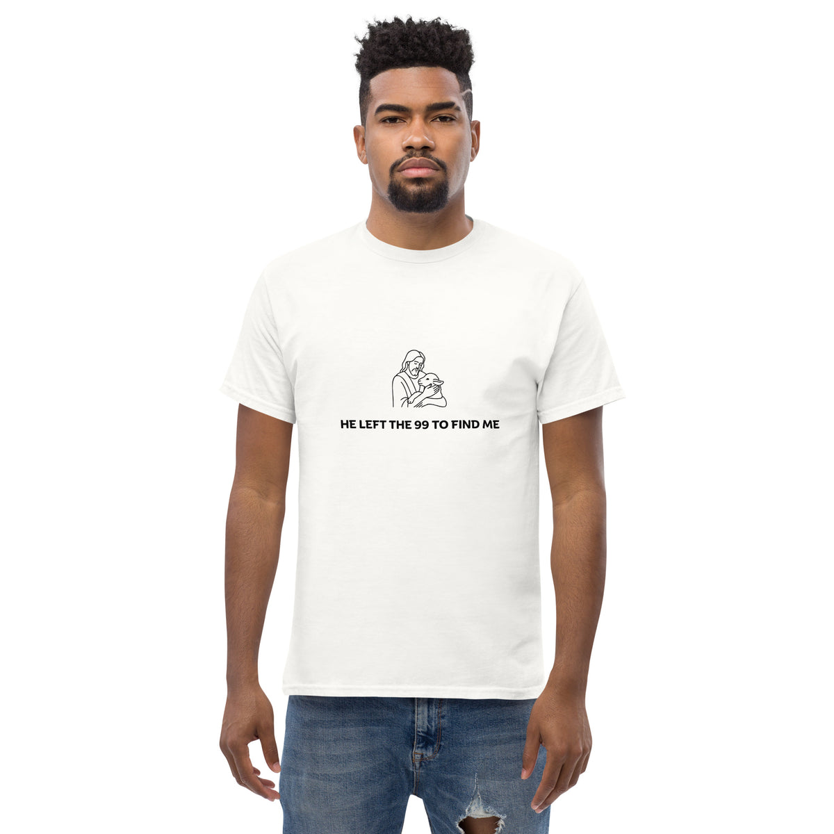 Man wearing He Left The 99 To Find Me T-Shirt in white,  front view