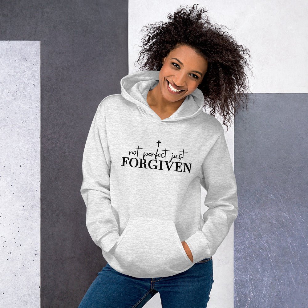 Woman wearing Not Perfect Just Forgiven Christian hoodie in Grey by Love1614