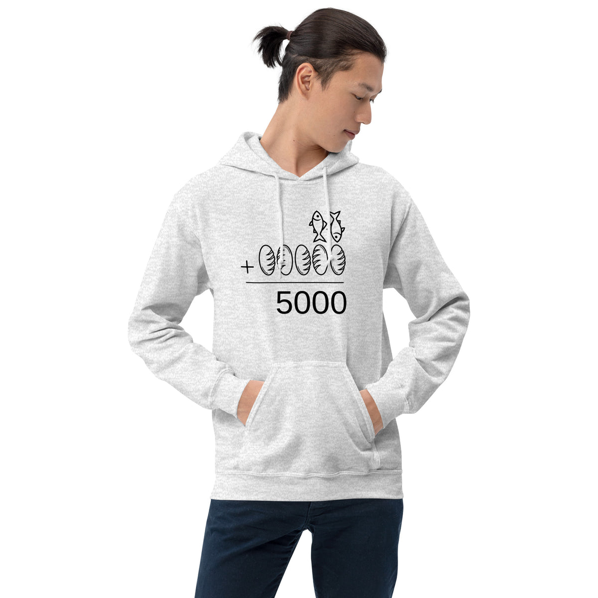 Man wearing ash Jesus Math Christian hoodie, close-up front view