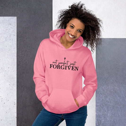 Woman wearing Not Perfect Just Forgiven Christian hoodie in pink by Love1614