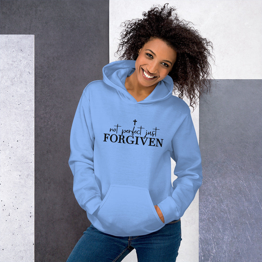 Woman wearing Not Perfect Just Forgiven Christian hoodie in blue by Love1614