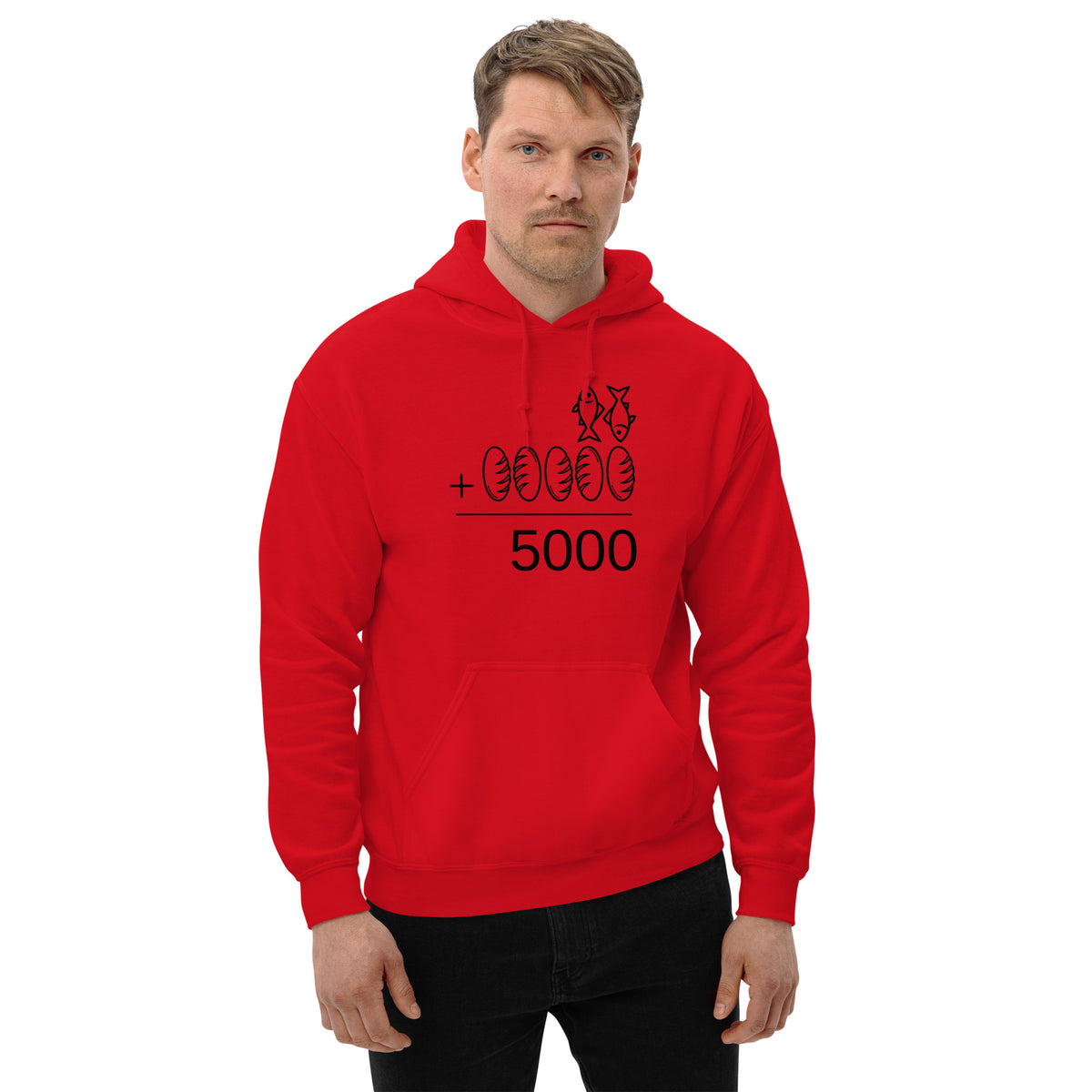 Man wearing red Jesus Math 5 Loaves 2 Fish 5000 Christian hoodie, lifestyle shot