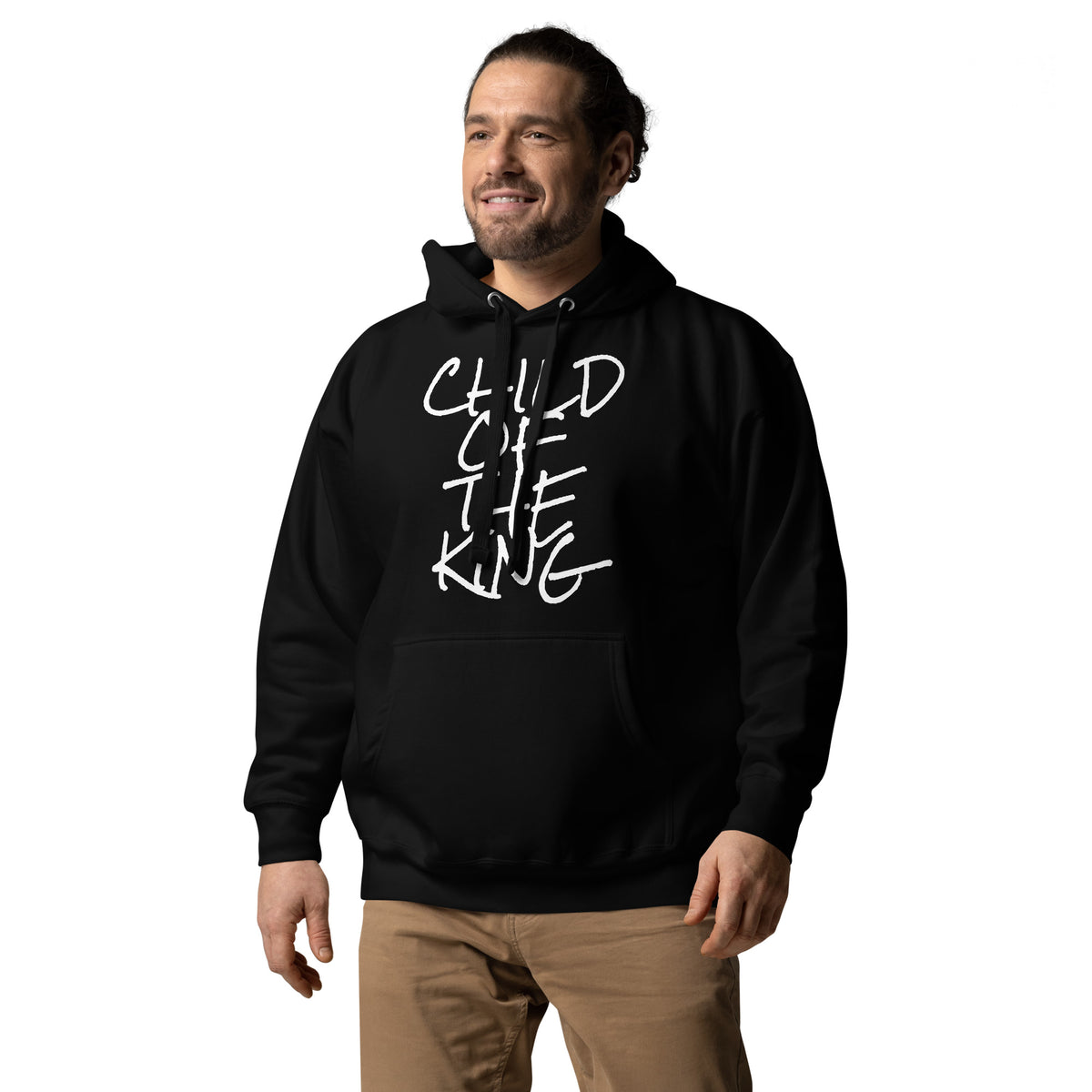 Man wearing Child of the King Christian hoodie black with white lettering from Love1614