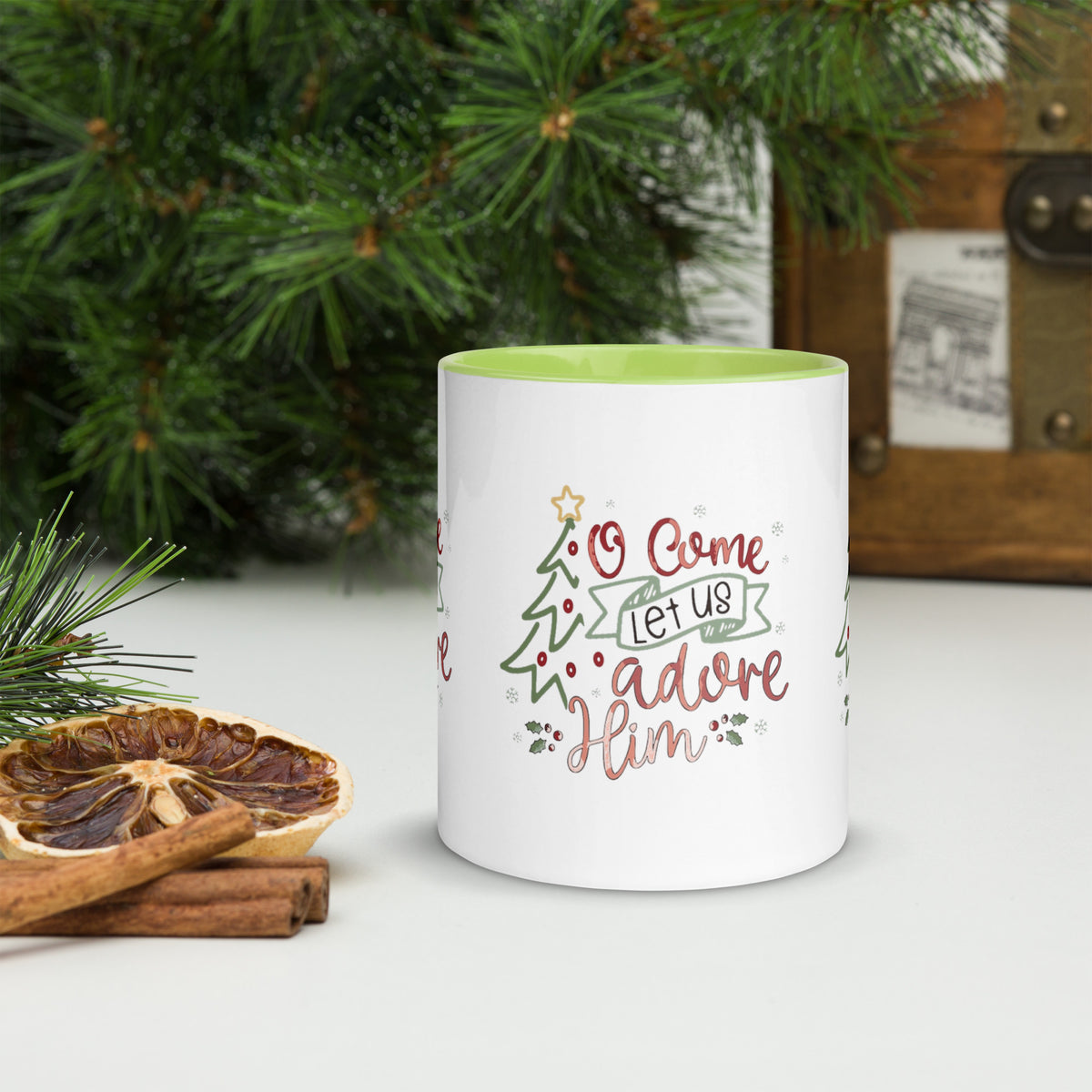 O Come Let Us Adore Him Christmas Mug with green handle, Christmas ornament lifestyle shot 2
