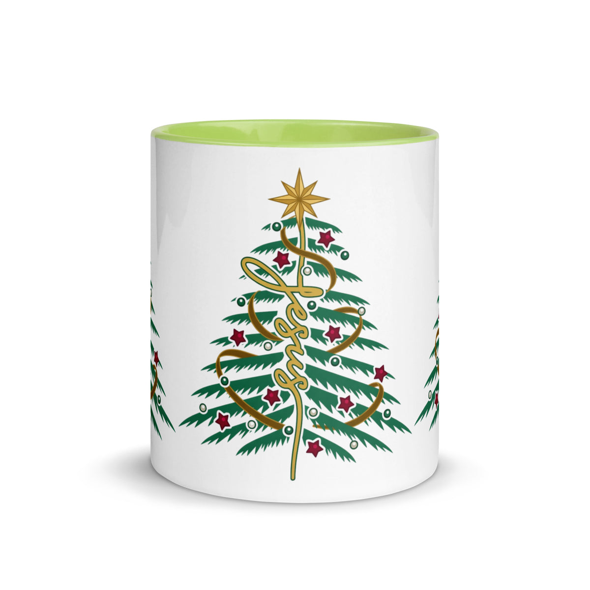 Jesus Christmas Tree Christian mug with green handle, front view on white background