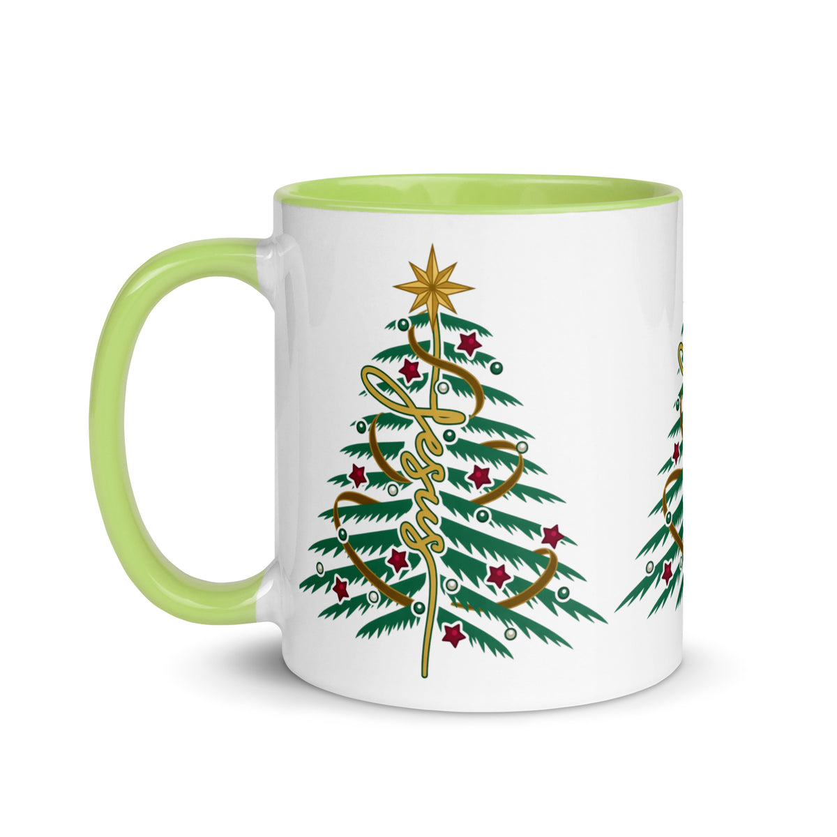 Jesus Christmas Tree Christian mug with green handle, front view on white background