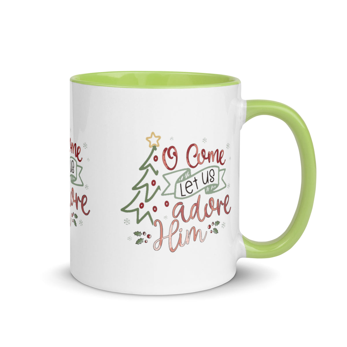 O Come Let Us Adore Him Christmas Mug with green handle, Christmas ornament lifestyle shot