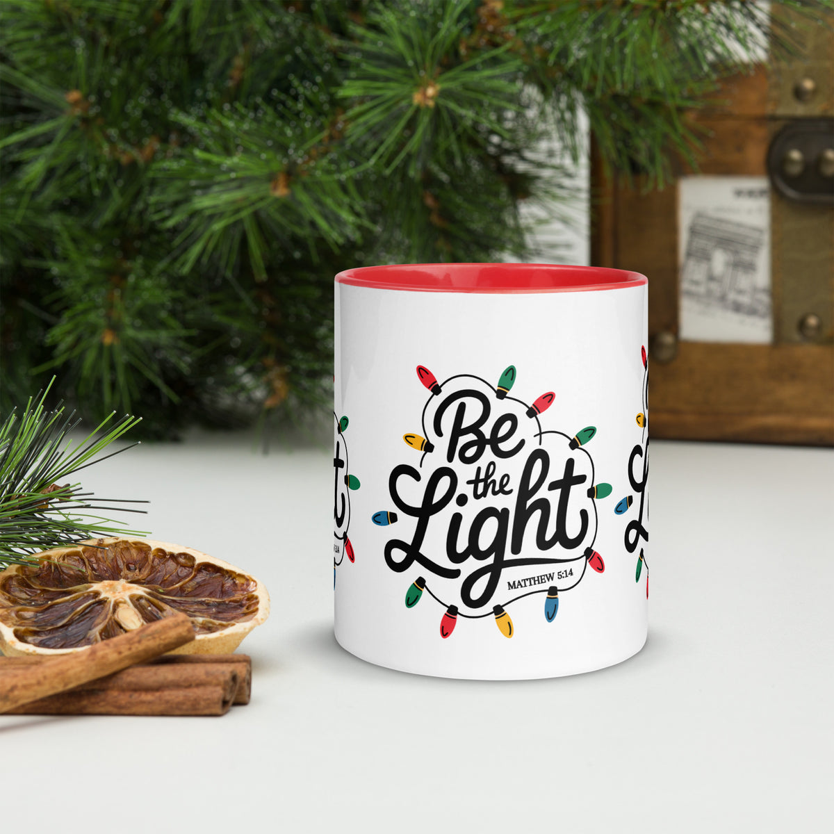 Be The Light Christmas Mug with red handle and interior, front view