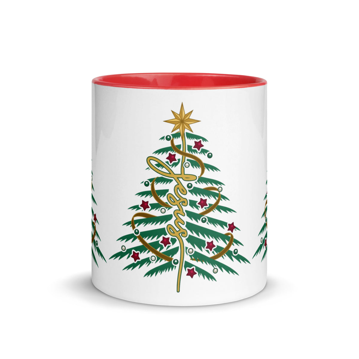 Jesus Christmas Tree Christian mug with red handle, front view on white background