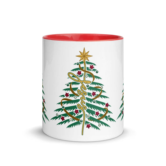 Jesus Christmas Tree Christian mug with red handle, front view on white background